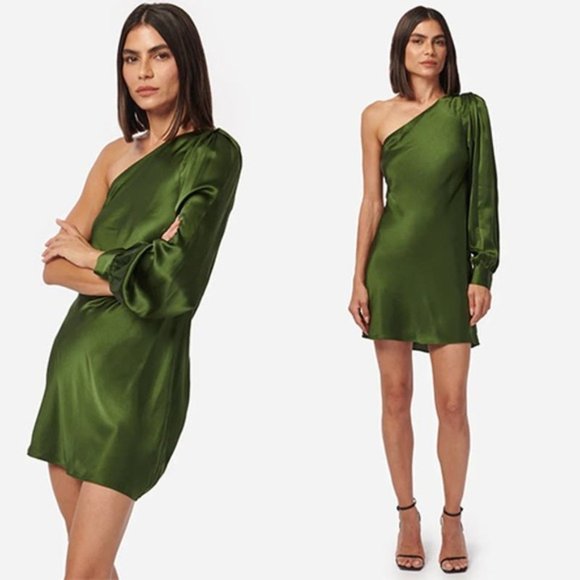 NWT Cami NYC Juanita Silk One-Shoulder Long Sleeve Rosemary Green Mini Dress